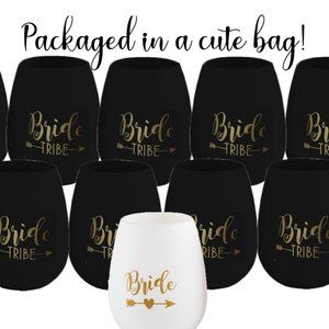 Bachelorette Unbreakable 10 Stemless Wine Cups 1 Bride, 9 Bride Tribe Black